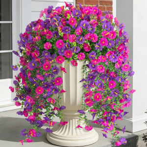 Fake Artificial Hanging Morning Glory Flowers for Outdoor Planters Porch Pation Decoration,2 Bundles UV Resistant Silk Faux Flowers with Realistic Eucalyptus Plants for Home Office Garden Decor